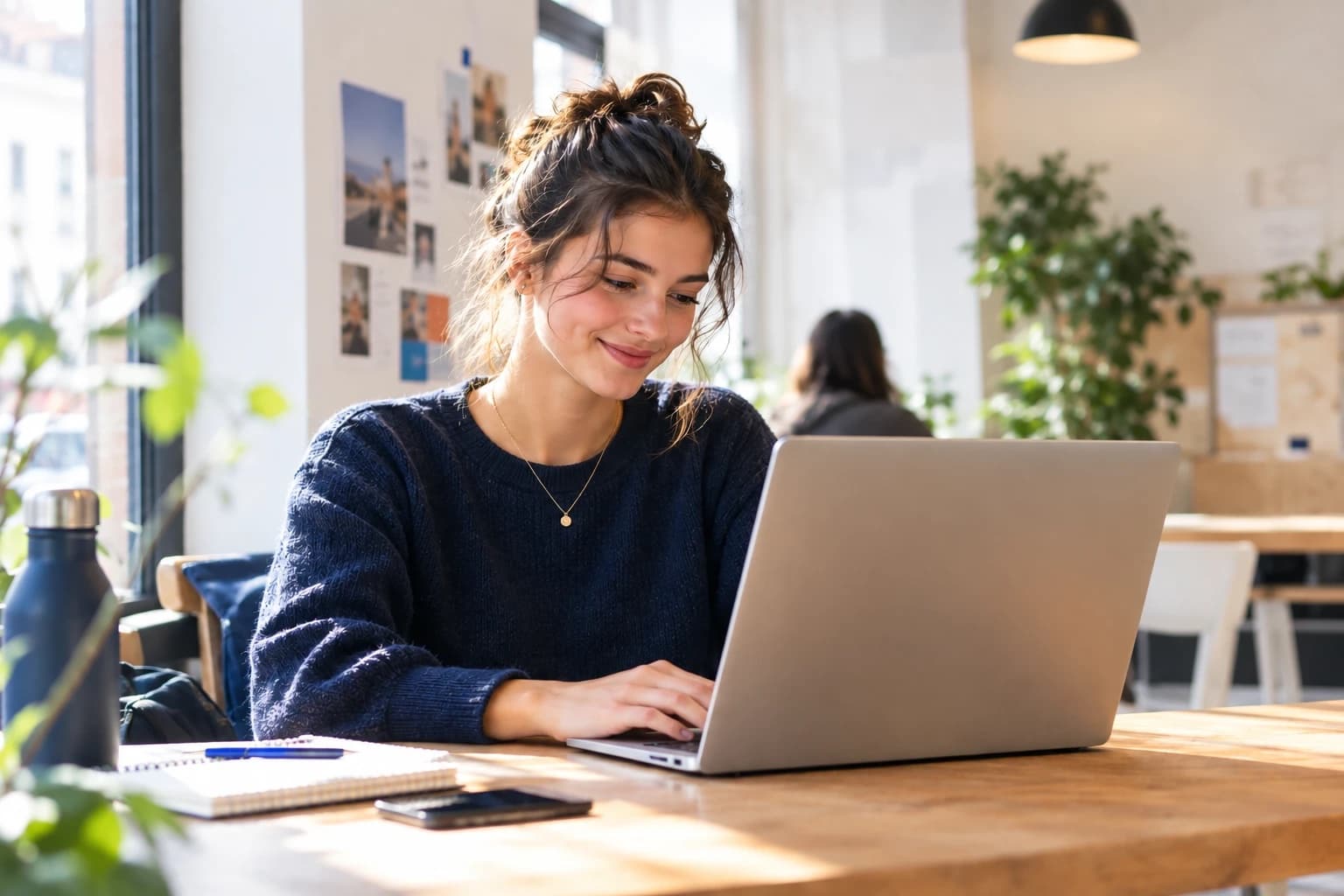 Une étudiante consulte ses opportunités sur son ordinateur, dans un café
